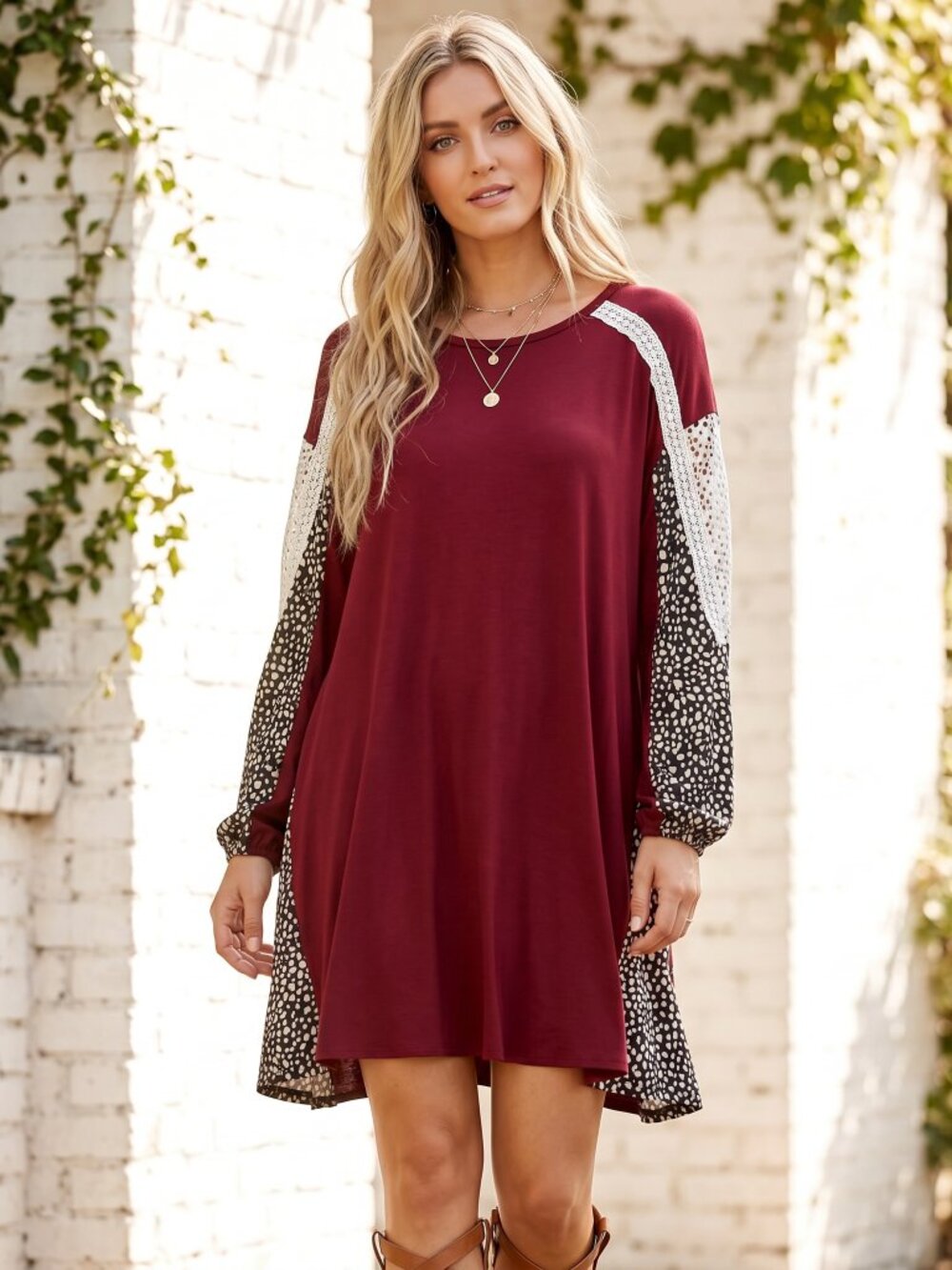Southern Grace Western Shift Dress XL Burgundy‎ Animal Print Lace Cowgirl Boho
